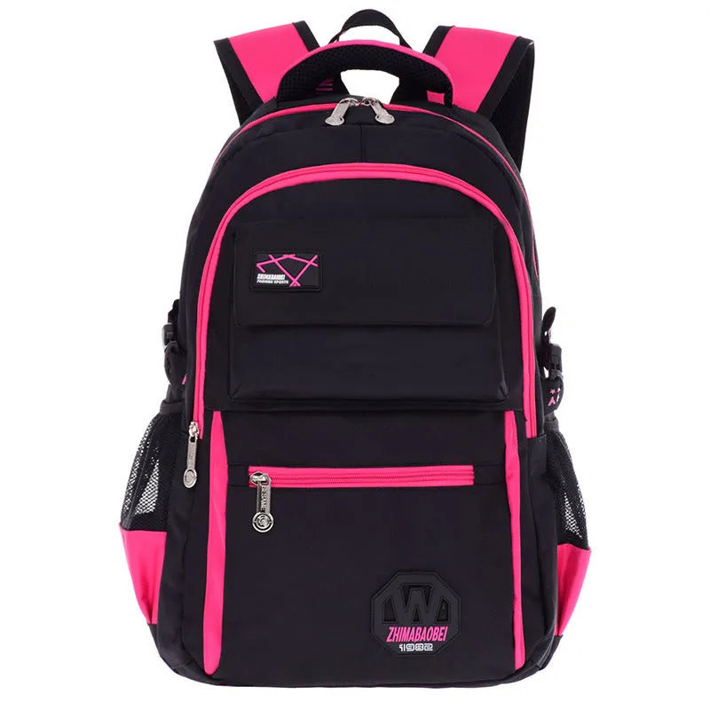 Waterproof nylon school backpack with side mesh pocket available in multiple colours for students