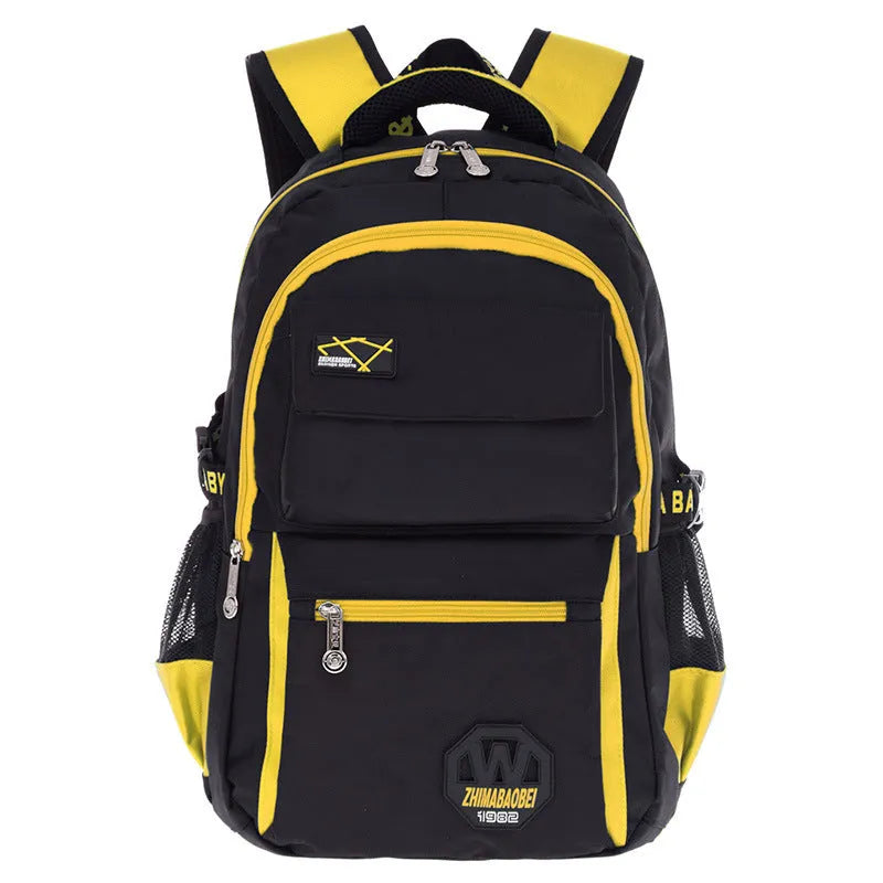 Waterproof nylon school backpack with side mesh pocket available in multiple colours for students