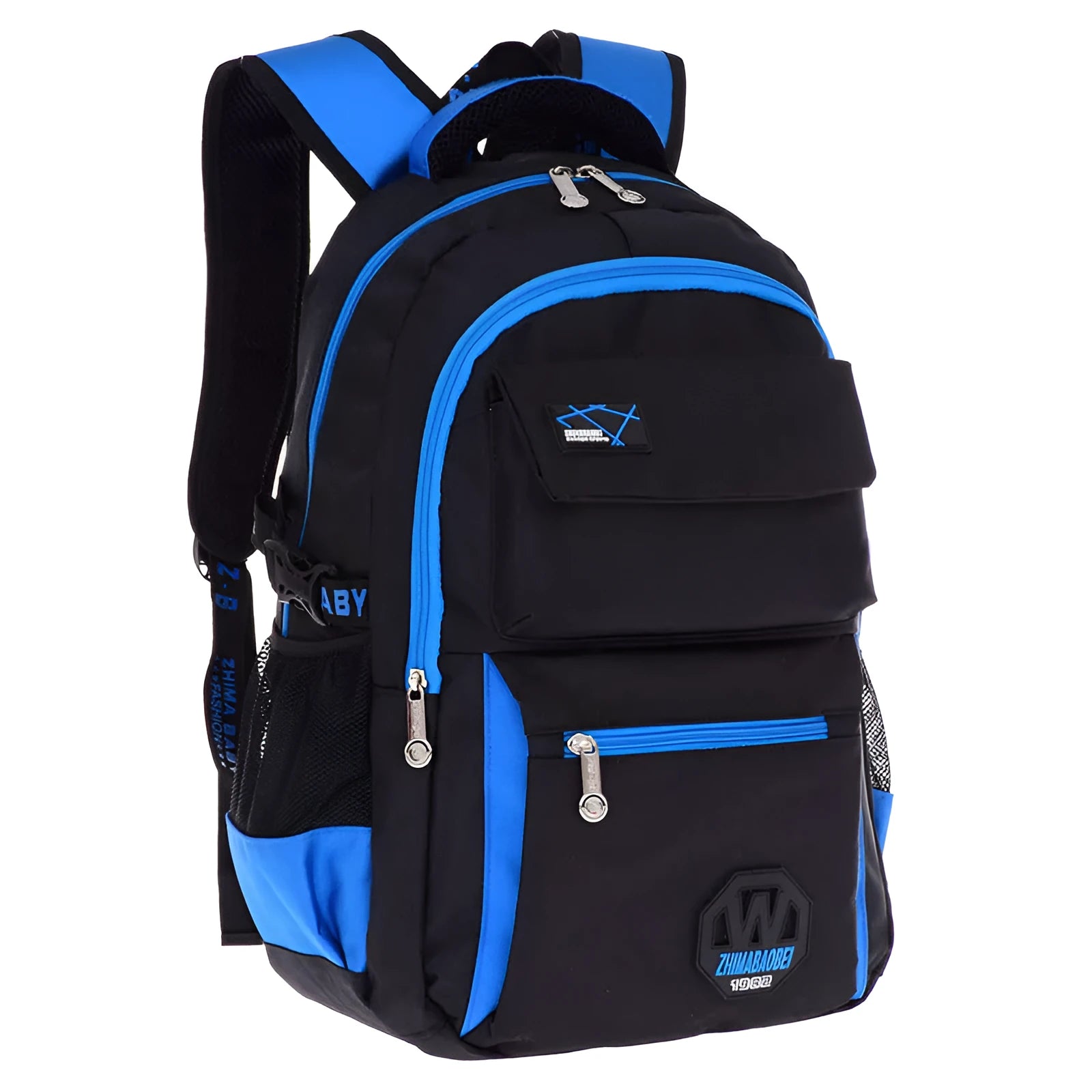 Waterproof nylon school backpack with side mesh pocket available in multiple colours for students