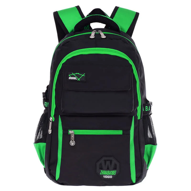 Waterproof nylon school backpack with side mesh pocket available in multiple colours for students