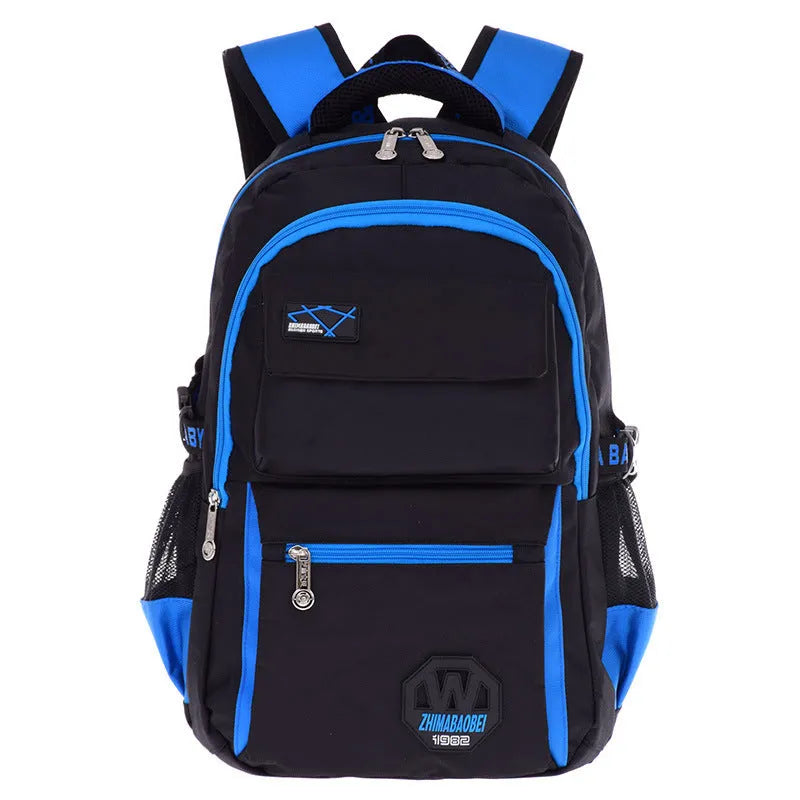 Waterproof nylon school backpack with side mesh pocket available in multiple colours for students