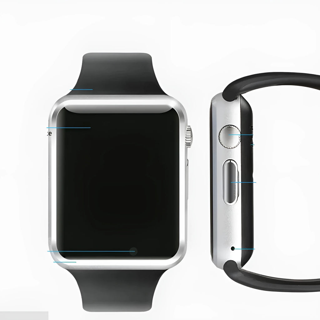 A1 Smart Watch in multiple colours on wrist, showing 1.54-inch touchscreen and side view highlighting camera.