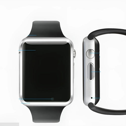 A1 Smart Watch in multiple colours on wrist, showing 1.54-inch touchscreen and side view highlighting camera.