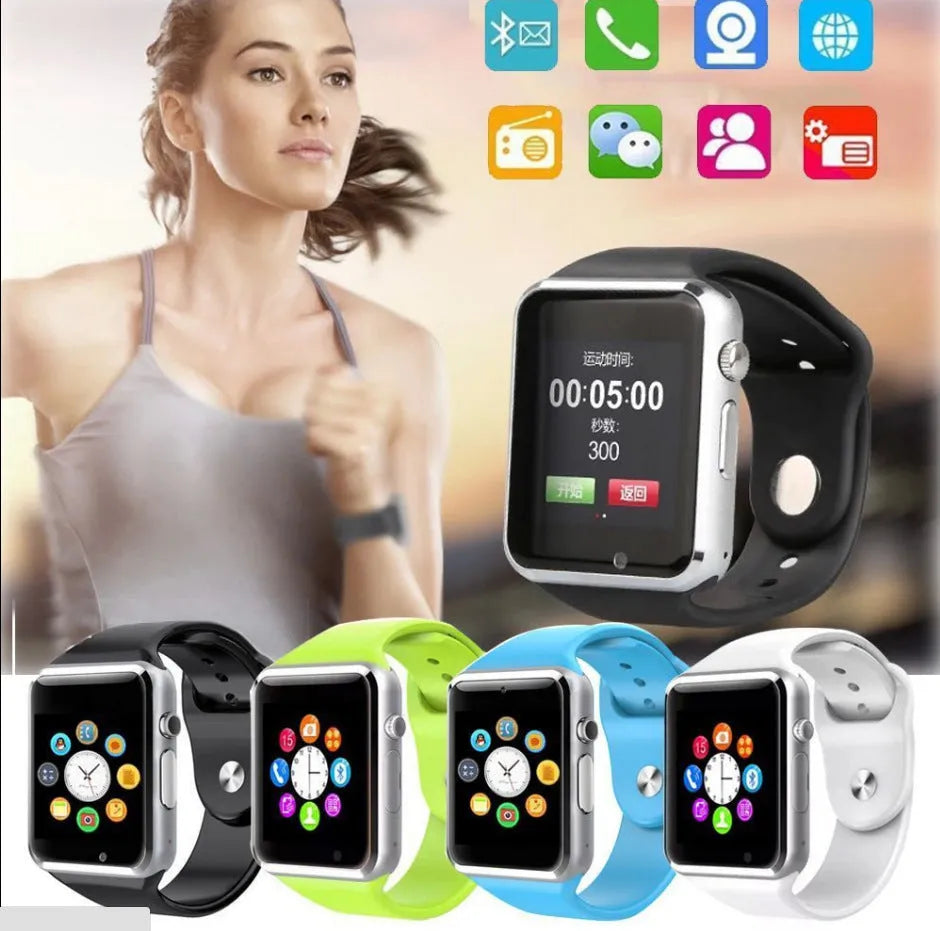 A1 Smart Watch in multiple colours on wrist, showing 1.54-inch touchscreen and side view highlighting camera.