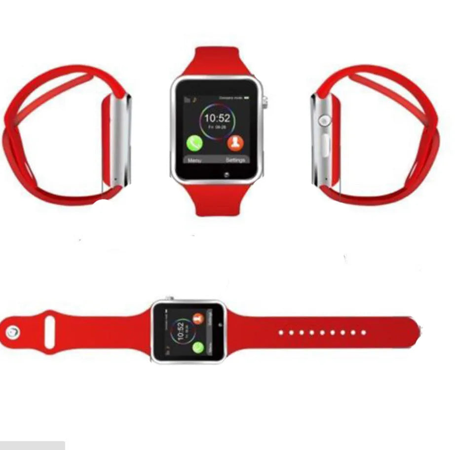 A1 Smart Watch in multiple colours on wrist, showing 1.54-inch touchscreen and side view highlighting camera.