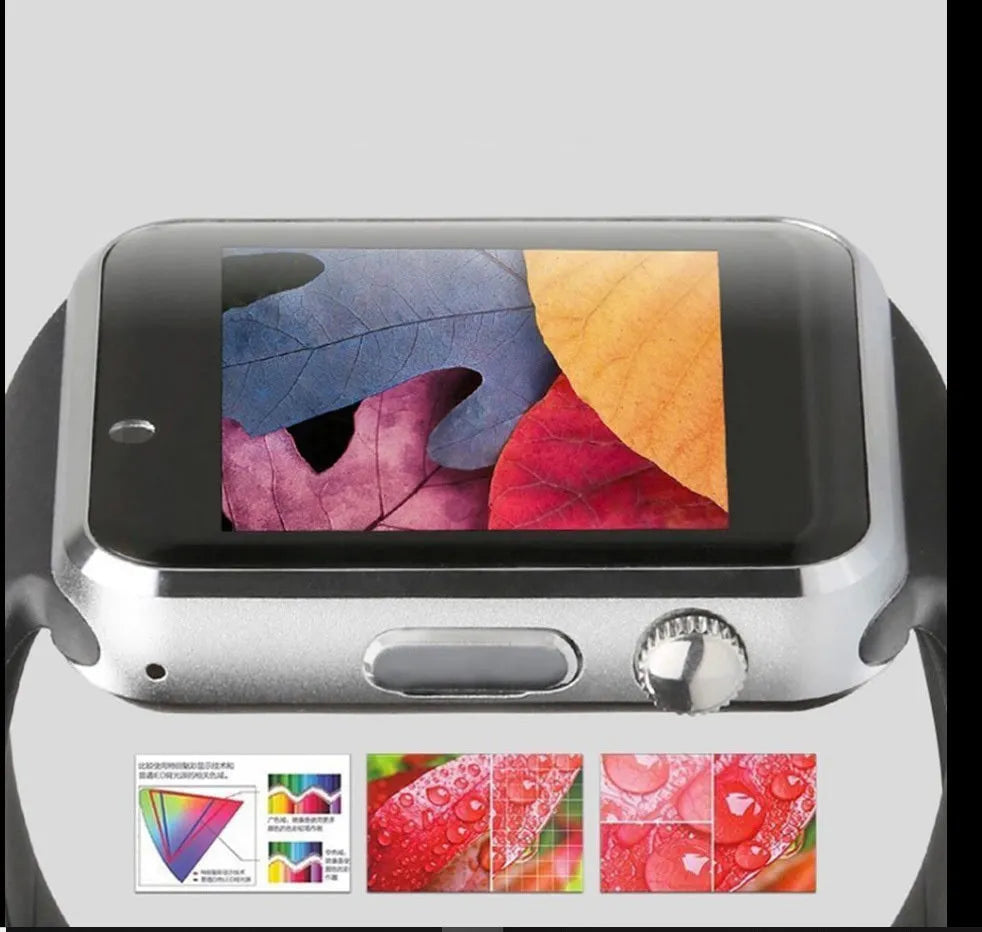 A1 Smart Watch in multiple colours on wrist, showing 1.54-inch touchscreen and side view highlighting camera.