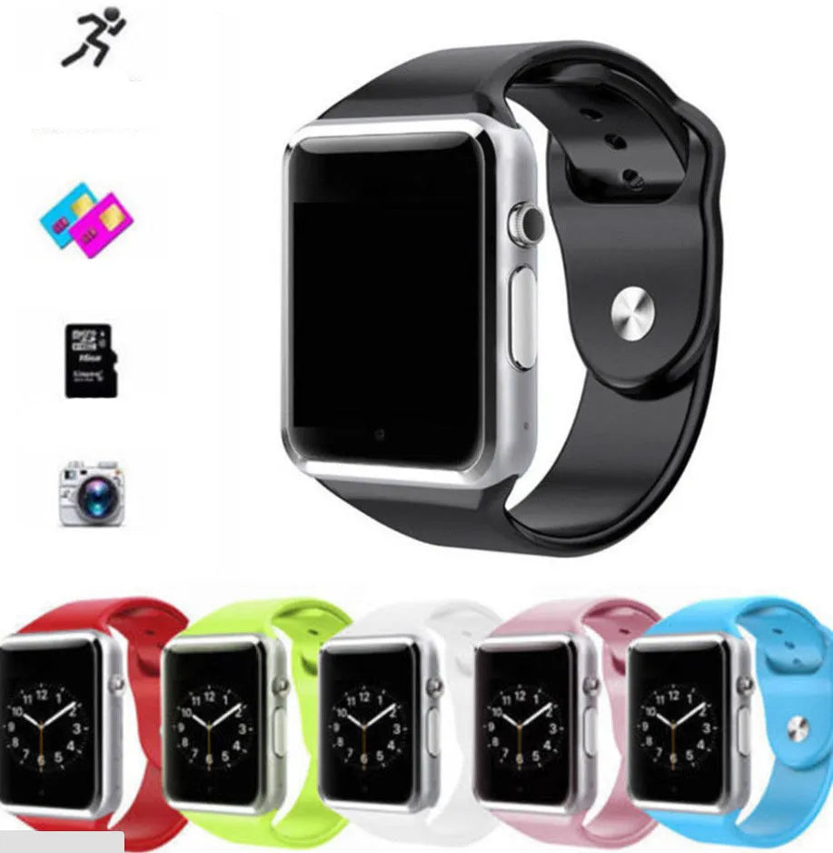 A1 Smart Watch in multiple colours on wrist, showing 1.54-inch touchscreen and side view highlighting camera.