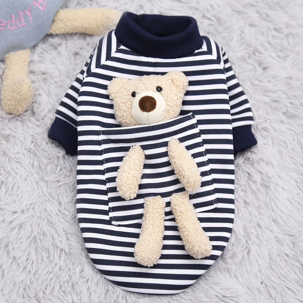 Small dog wearing a blue striped teddy bear print polyester pet sweater spring top showing chest and back fit