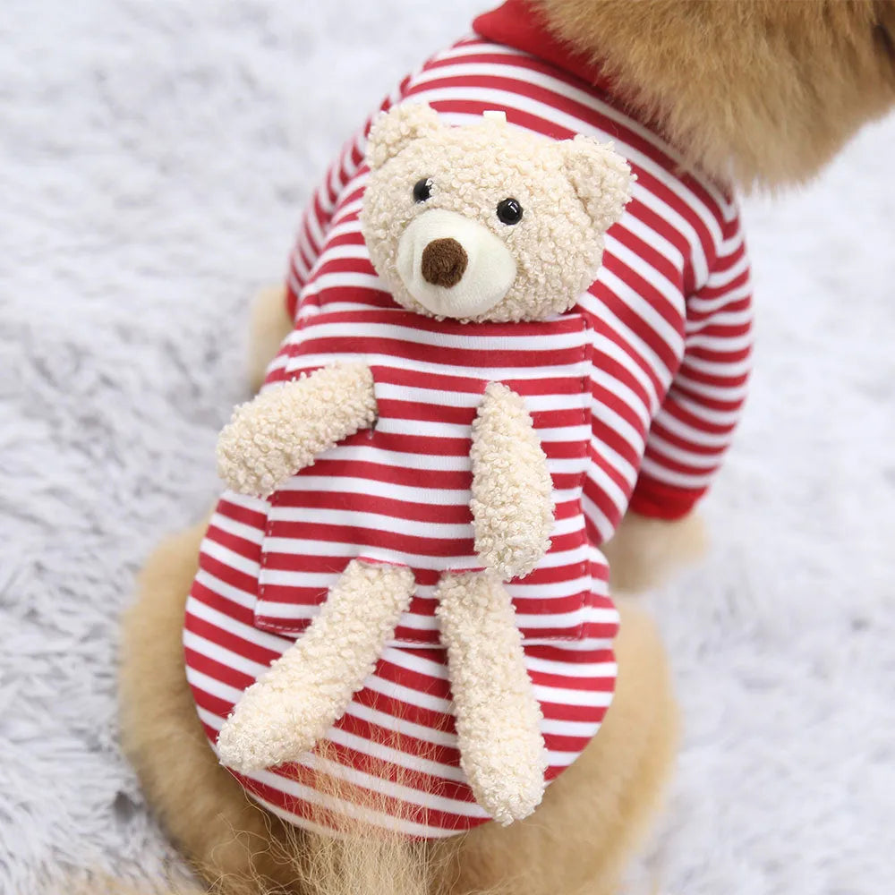 Small dog wearing a blue striped teddy bear print polyester pet sweater spring top showing chest and back fit