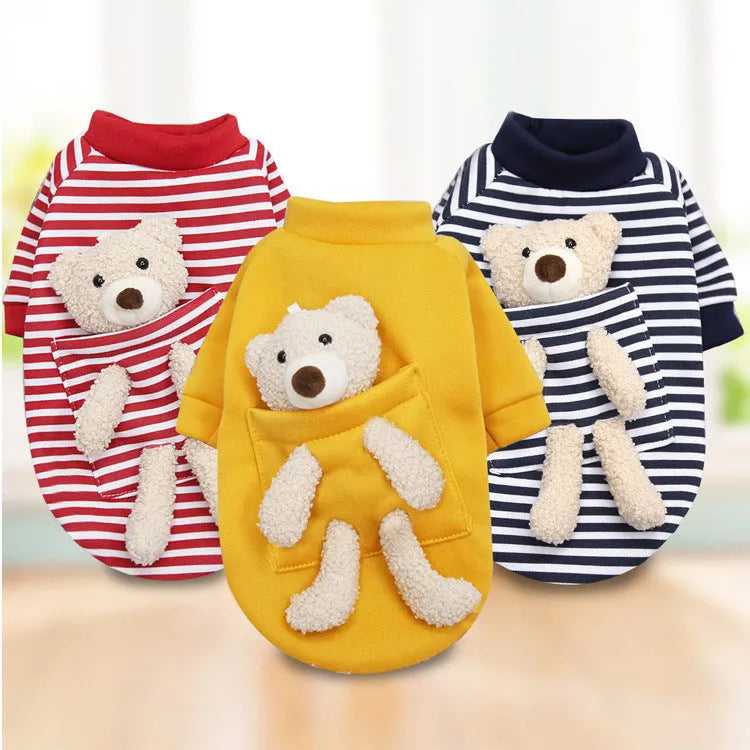 Small dog wearing a blue striped teddy bear print polyester pet sweater spring top showing chest and back fit
