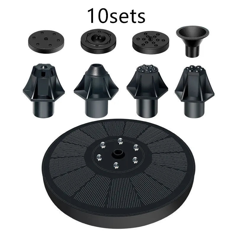 Black solar panel fountain pump with multiple nozzles for garden ponds and birdbaths.