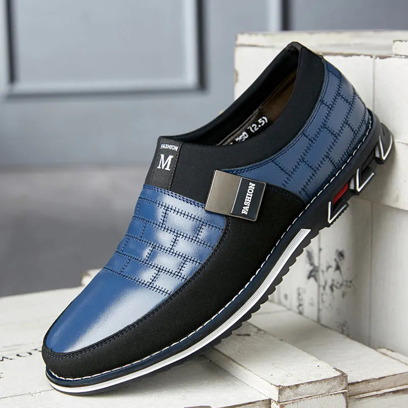 Men's large size casual leather shoes in blue, black, and brown colours with low-top design