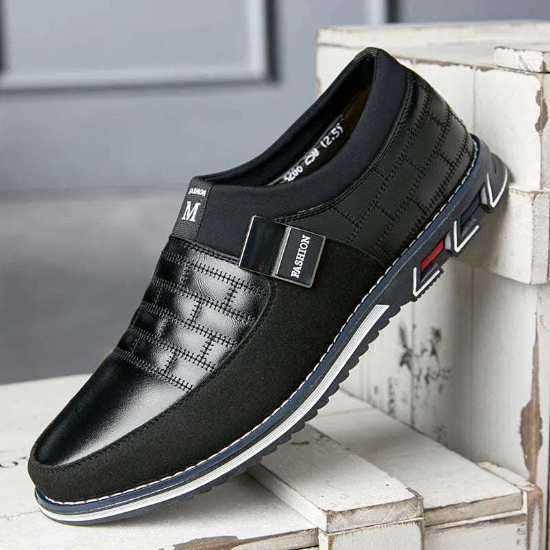 Men's large size casual leather shoes in blue, black, and brown colours with low-top design