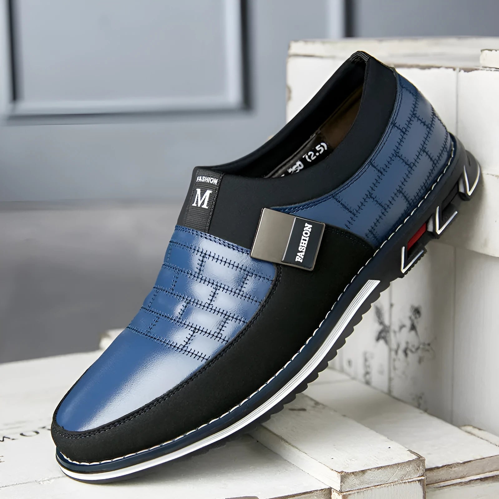 Men's large size casual leather shoes in blue, black, and brown colours with low-top design