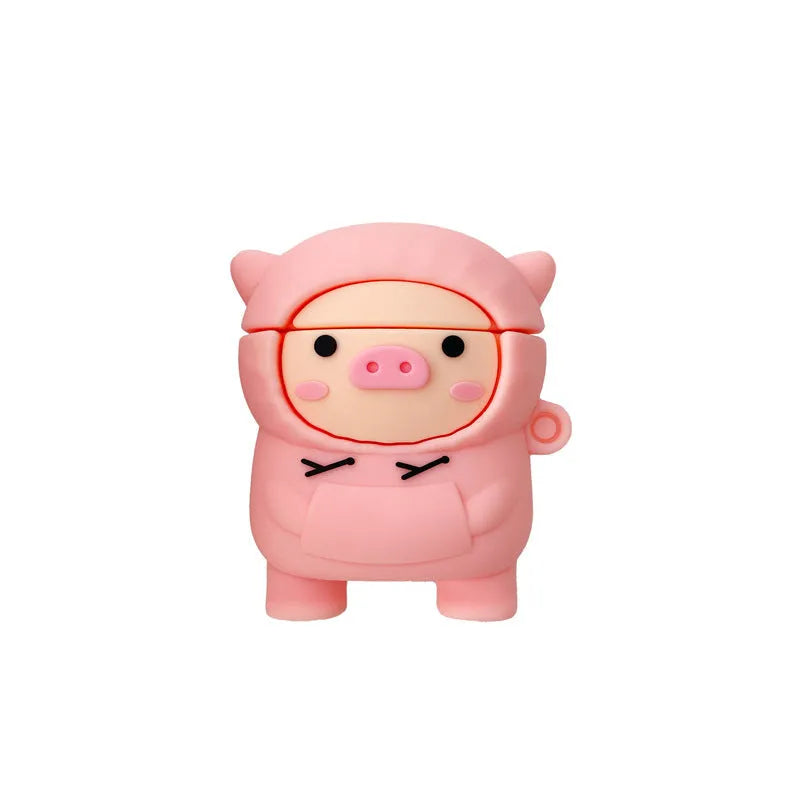 Pink silicone AirPods case with a cartoon pig design and a silver metal keyring hook attached.