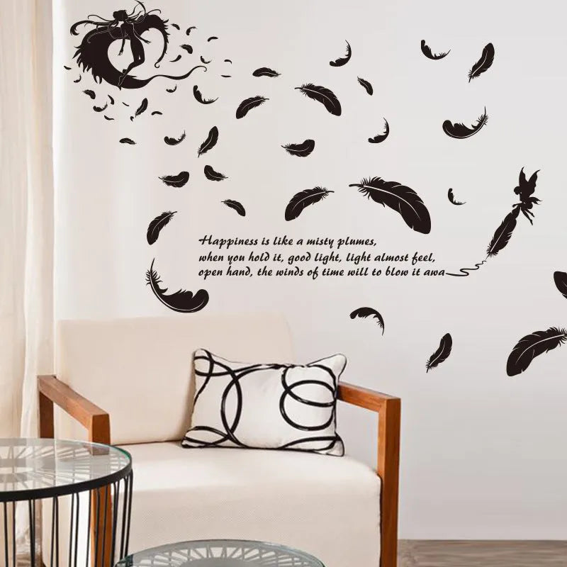 Black feather angel three generations wall sticker measuring 50x70 cm for removable bedroom decoration
