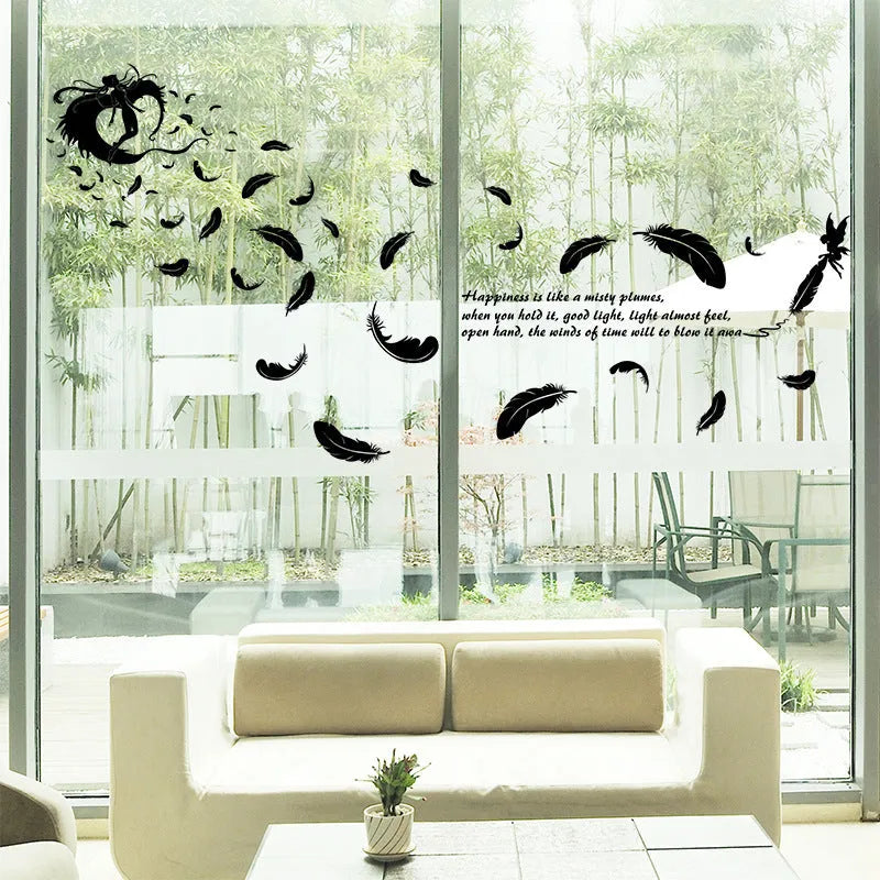 Black feather angel three generations wall sticker measuring 50x70 cm for removable bedroom decoration