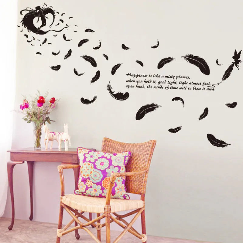 Black feather angel three generations wall sticker measuring 50x70 cm for removable bedroom decoration
