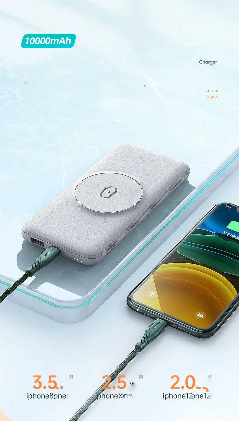 Maiduo Magsafe magnetic wireless power bank showing mint green colour and back clip attachment