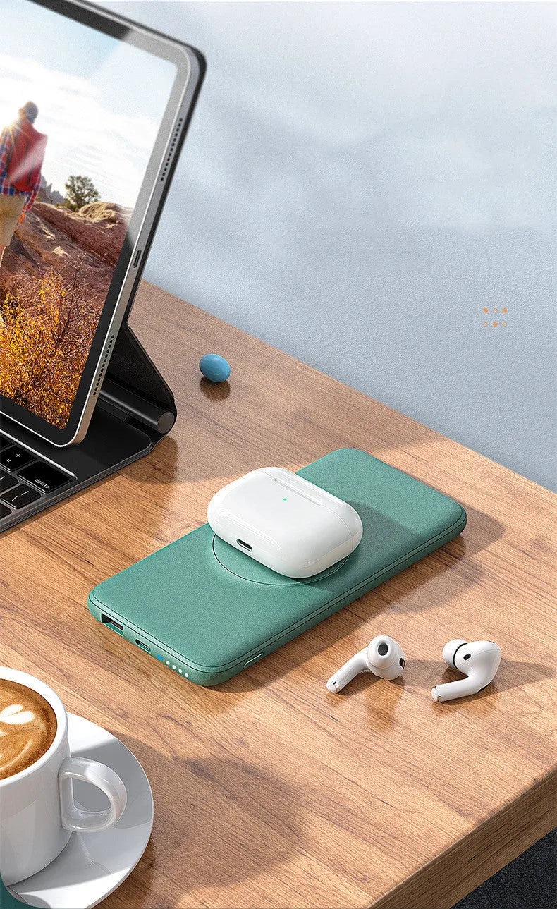 Maiduo Magsafe magnetic wireless power bank showing mint green colour and back clip attachment