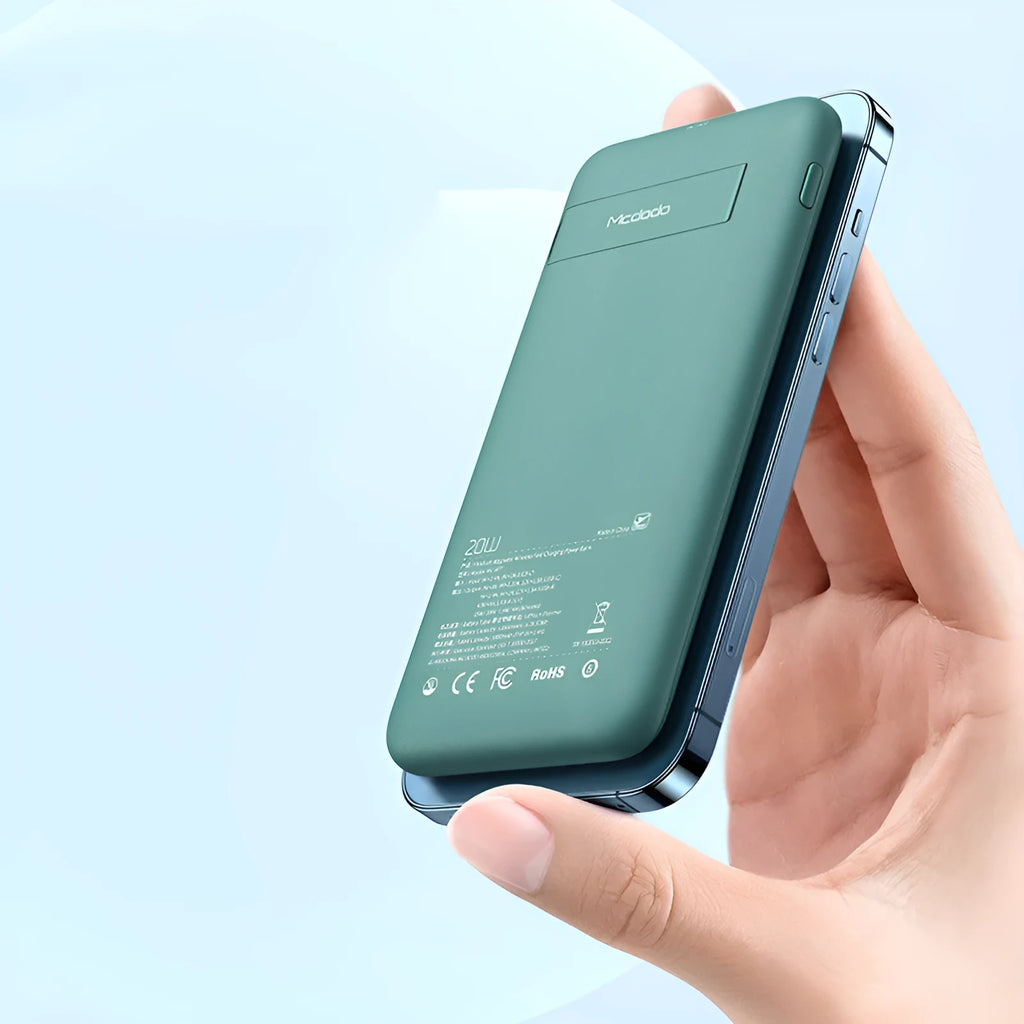 Maiduo Magsafe magnetic wireless power bank showing mint green colour and back clip attachment