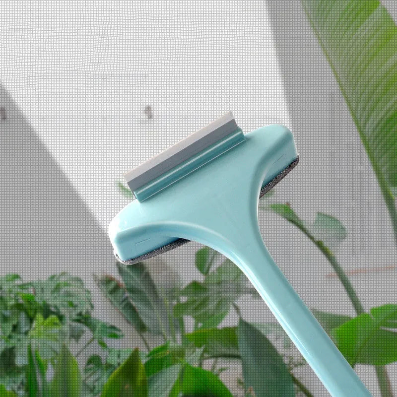 Blue and pink window cleaning brush sets with a removable head and a small crevice brush.