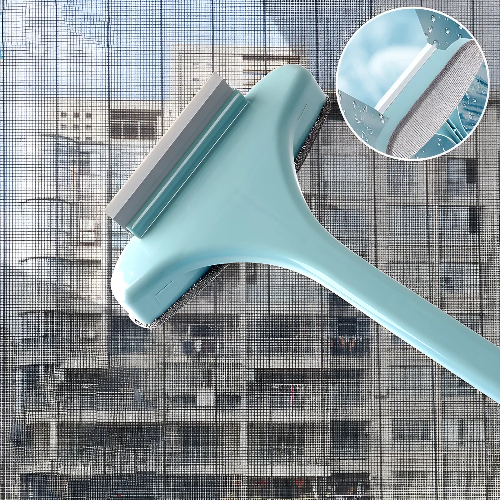 Blue and pink window cleaning brush sets with a removable head and a small crevice brush.