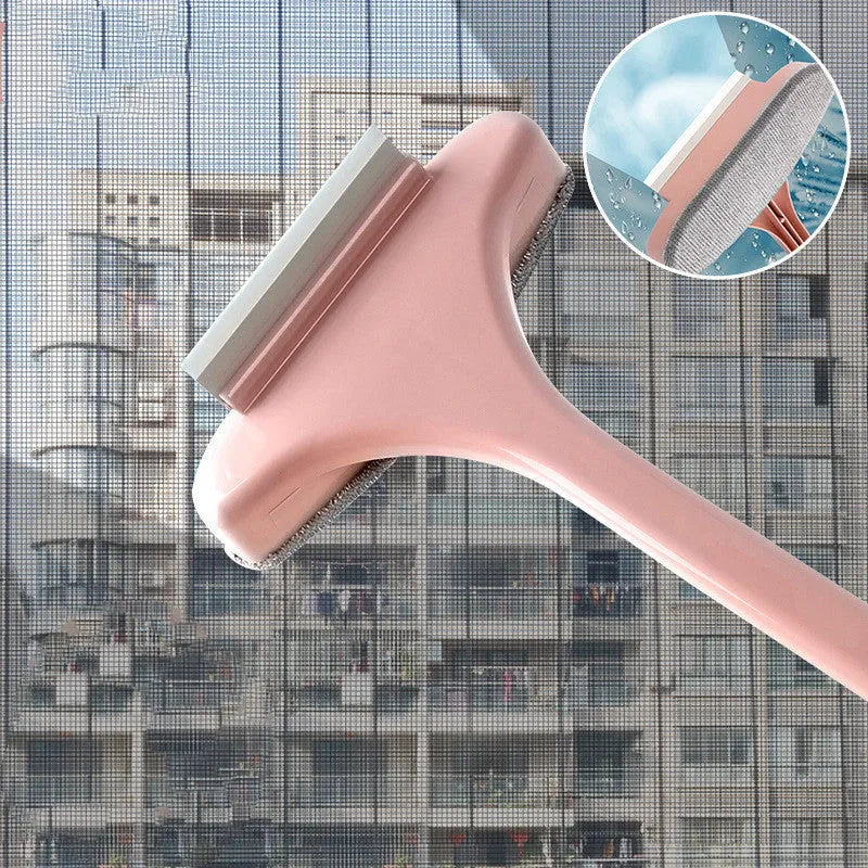 Blue and pink window cleaning brush sets with a removable head and a small crevice brush.