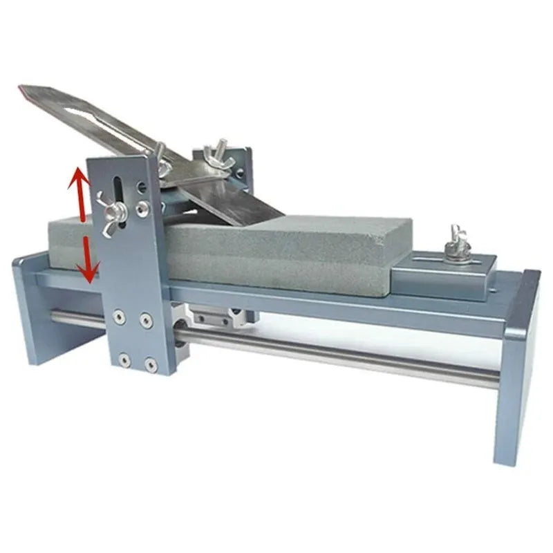 Fixed angle sharpening tool with gantry system for sharpening woodworking chisels and carving knives.