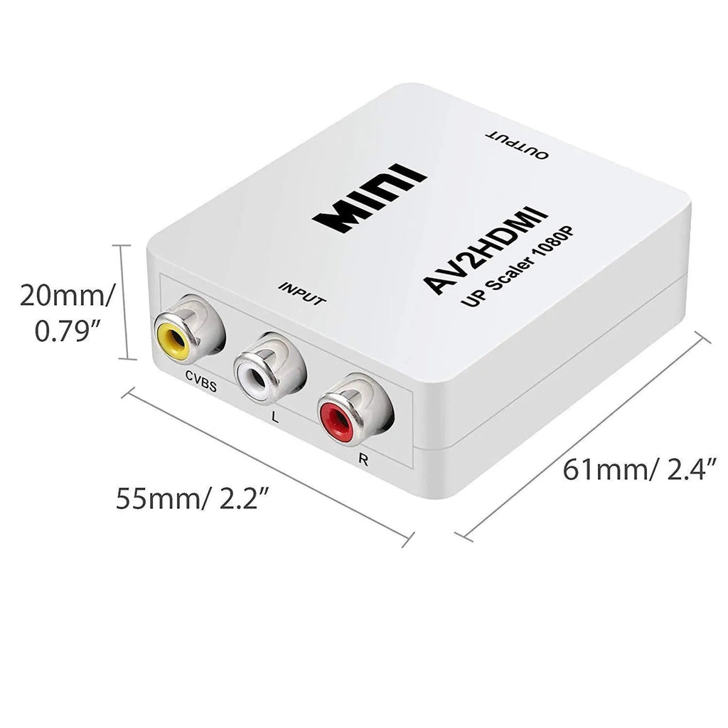 Small black and white AV to HDMI converter box with short cable for analogue to digital video conversion