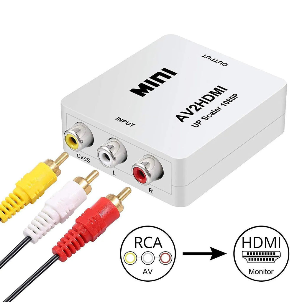 Small black and white AV to HDMI converter box with short cable for analogue to digital video conversion