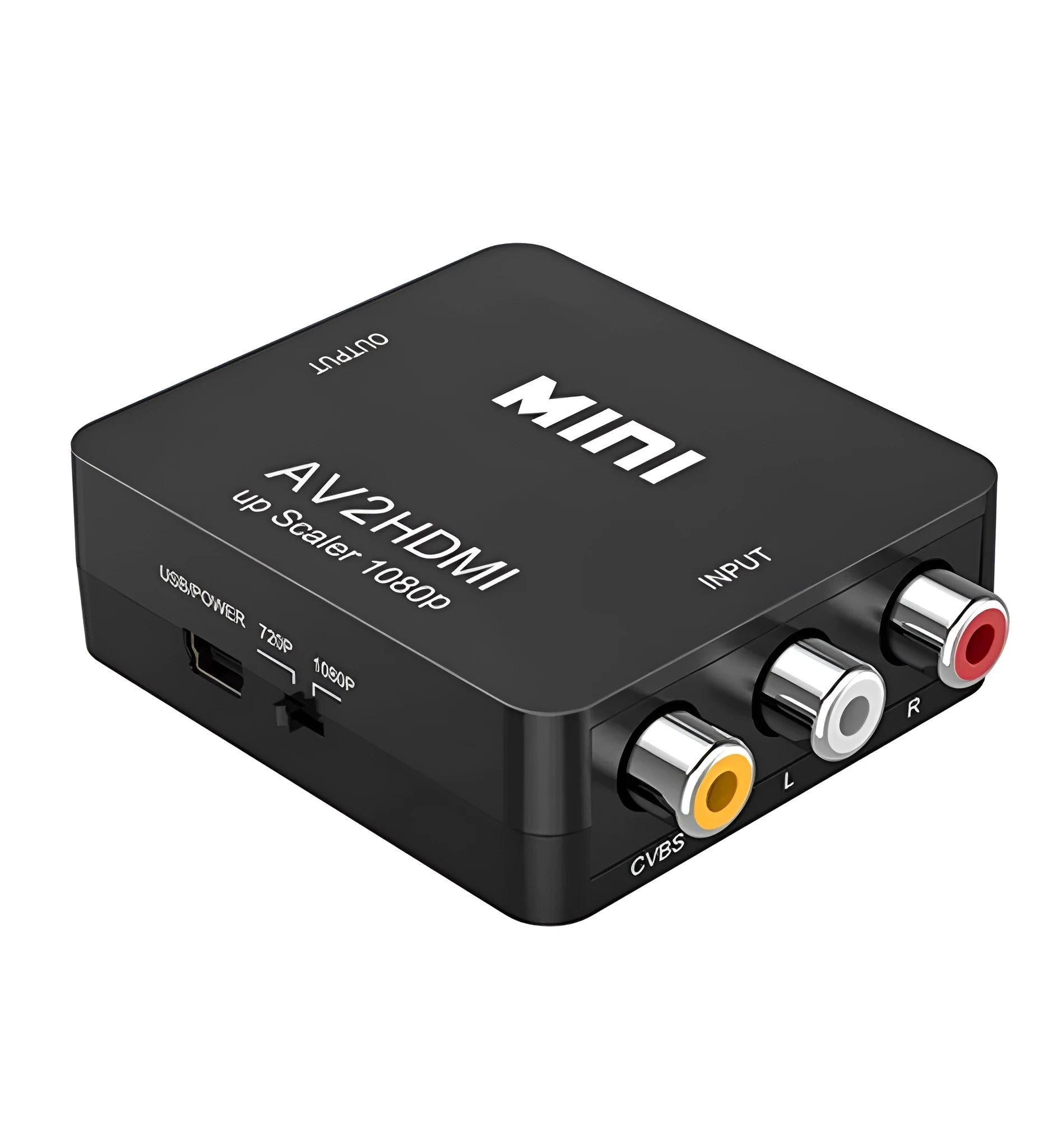 Small black and white AV to HDMI converter box with short cable for analogue to digital video conversion