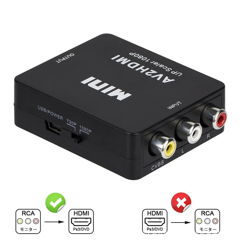 Small black and white AV to HDMI converter box with short cable for analogue to digital video conversion
