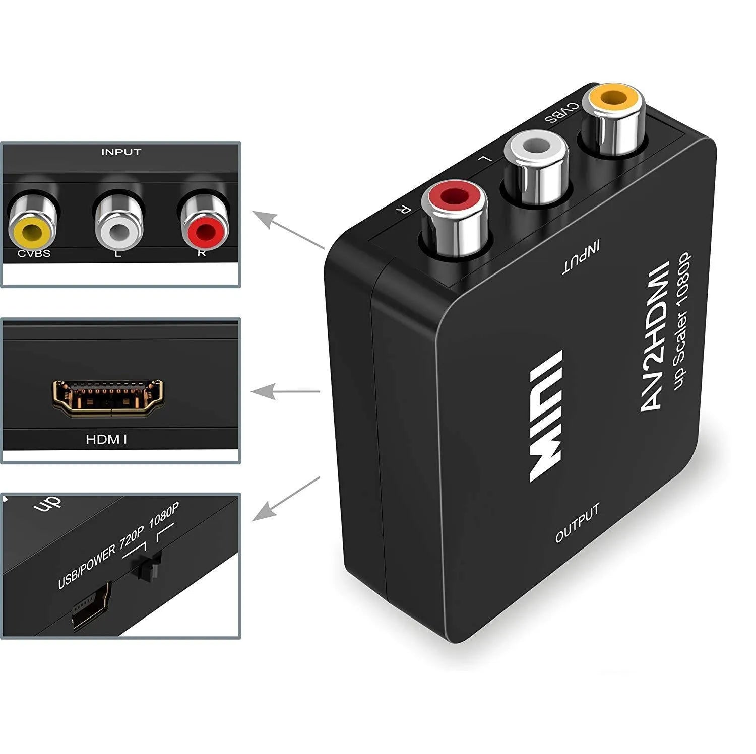 Small black and white AV to HDMI converter box with short cable for analogue to digital video conversion