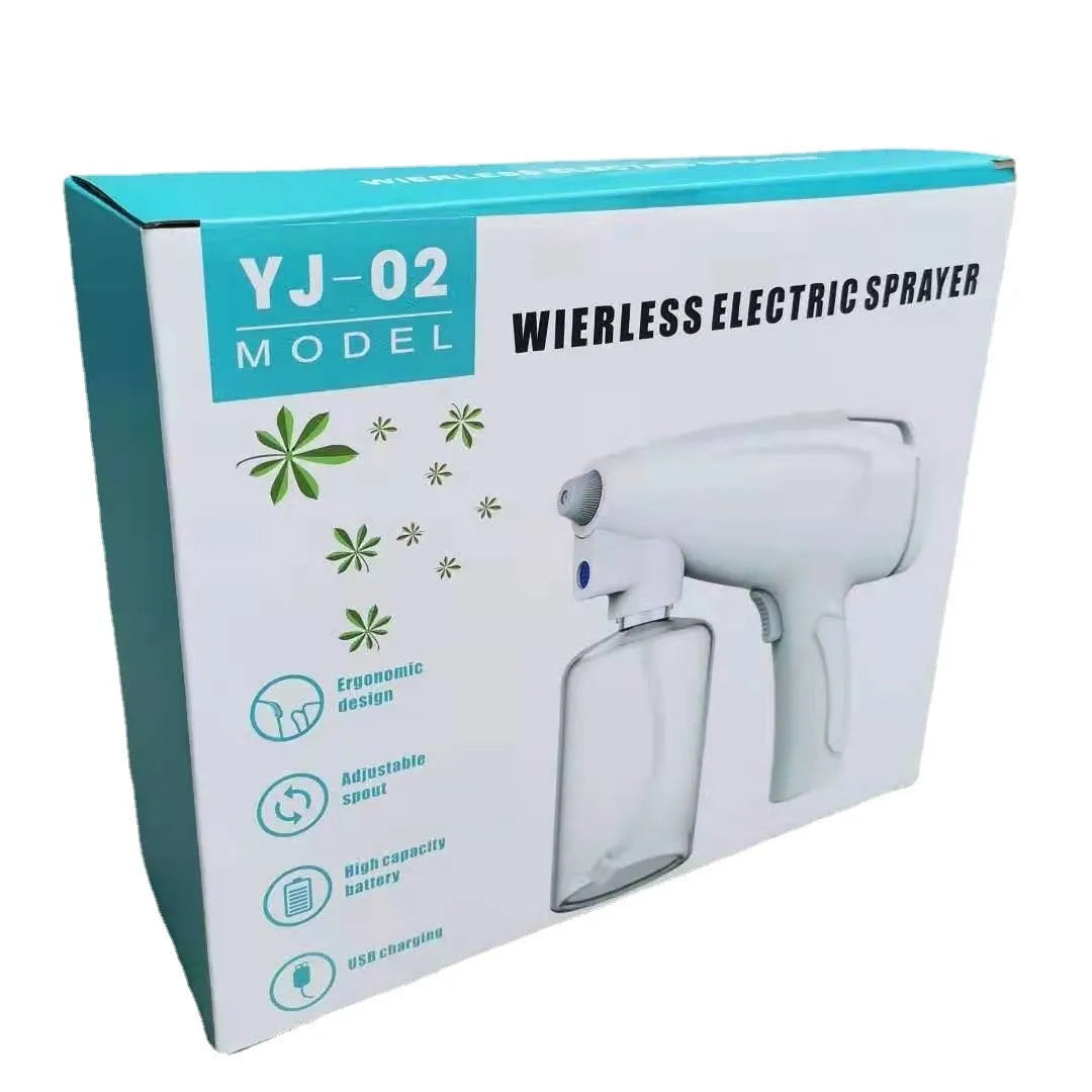 White handheld cordless electric spray gun with USB charging cable on a white background.