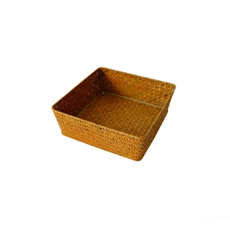 Natural straw desk storage box with hinged lid for organising pens and cosmetics