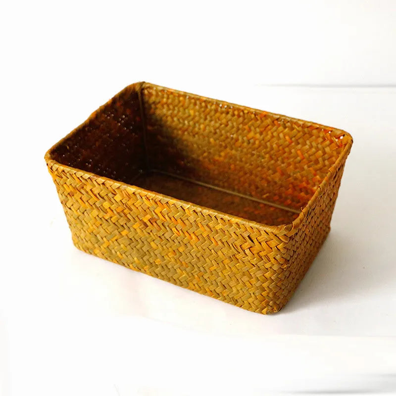 Natural straw desk storage box with hinged lid for organising pens and cosmetics