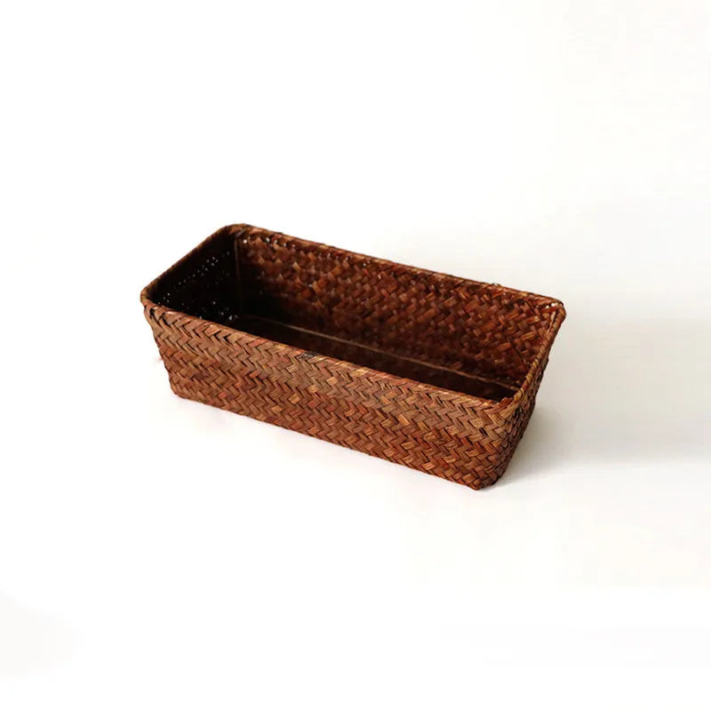 Natural straw desk storage box with hinged lid for organising pens and cosmetics