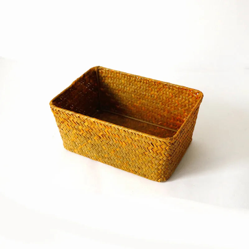 Natural straw desk storage box with hinged lid for organising pens and cosmetics