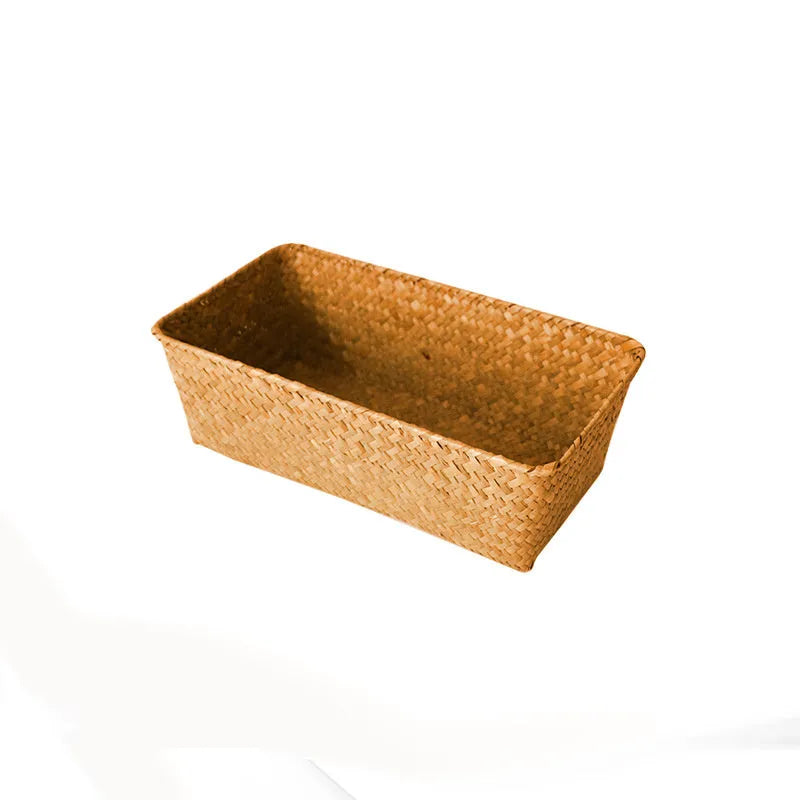 Natural straw desk storage box with hinged lid for organising pens and cosmetics