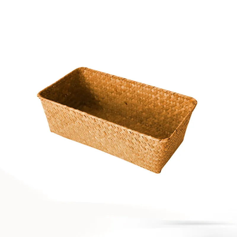Natural straw desk storage box with hinged lid for organising pens and cosmetics