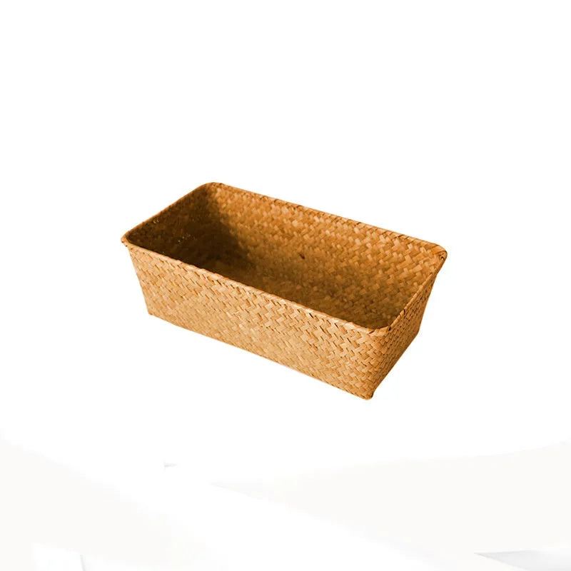 Natural straw desk storage box with hinged lid for organising pens and cosmetics