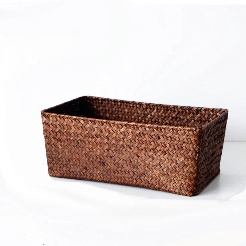 Natural straw desk storage box with hinged lid for organising pens and cosmetics
