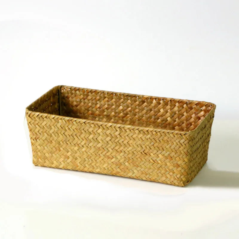 Natural straw desk storage box with hinged lid for organising pens and cosmetics