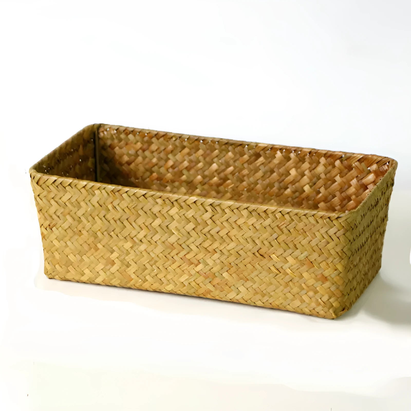 Natural straw desk storage box with hinged lid for organising pens and cosmetics