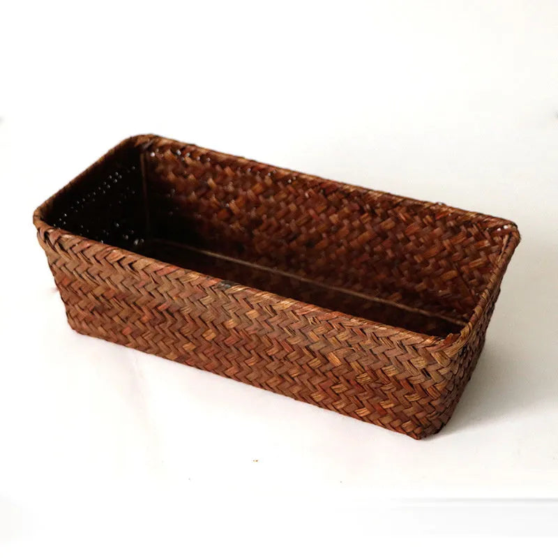 Natural straw desk storage box with hinged lid for organising pens and cosmetics