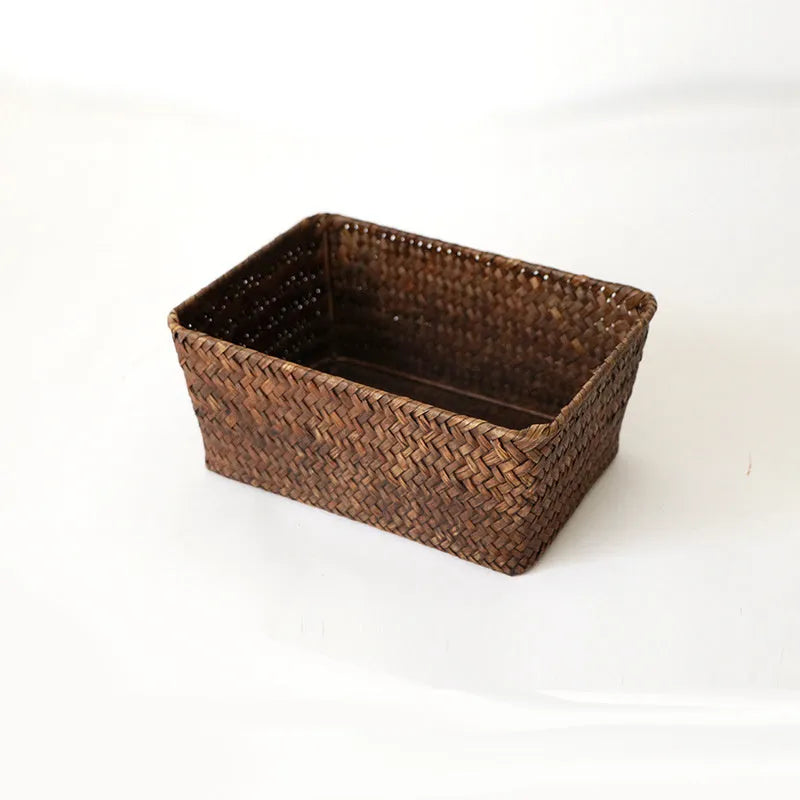 Natural straw desk storage box with hinged lid for organising pens and cosmetics
