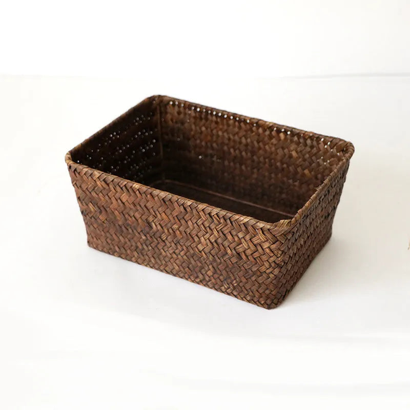 Natural straw desk storage box with hinged lid for organising pens and cosmetics