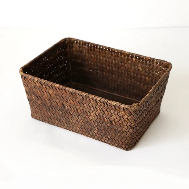 Natural straw desk storage box with hinged lid for organising pens and cosmetics