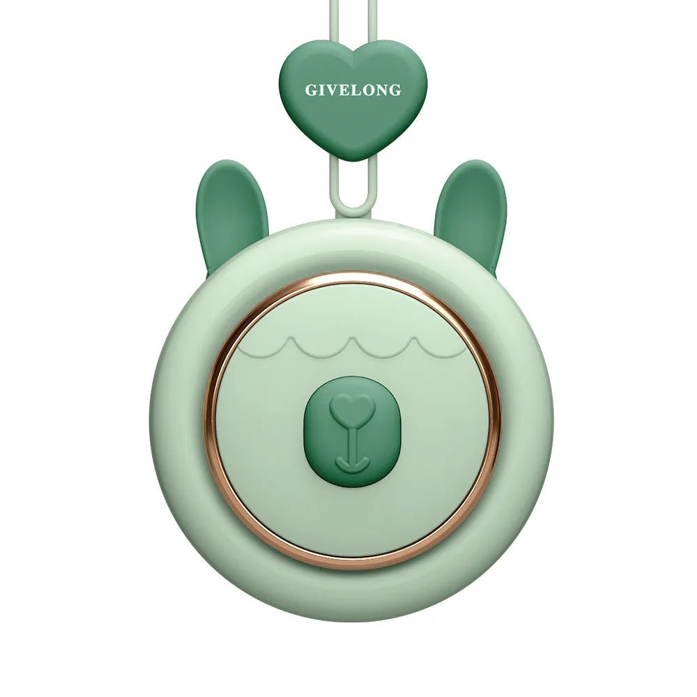 Mini bladeless neck band fan with hanging rope, shown in a colour-themed design.